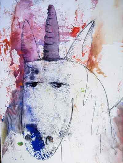  “Unicorn” 14 x 11 inches, Tempera paint and pastels - ©2004 All Rights Reserved <p>Tempera paint and pastel drawing of an unicorn's head</p>