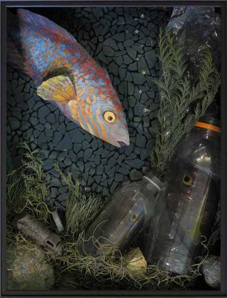 “My New Home Environment”16x20 in, mixed media - ©2018 Maria Sky, All Rights Reserved <p>Shown at: Time and Tide Bell #200Fish, United Kingdom</p><p>A Rock Cook fish looks in disbelief at its polluted environment - consisting of plastic bottles, small metal toy truck and a plastic cap that have been tossed haphazardly, by humans, into the ocean, not thinking of what this is doing to the ocean's environment. This combination of items shows the debris that have become common place in the Earth's oceans.</p>