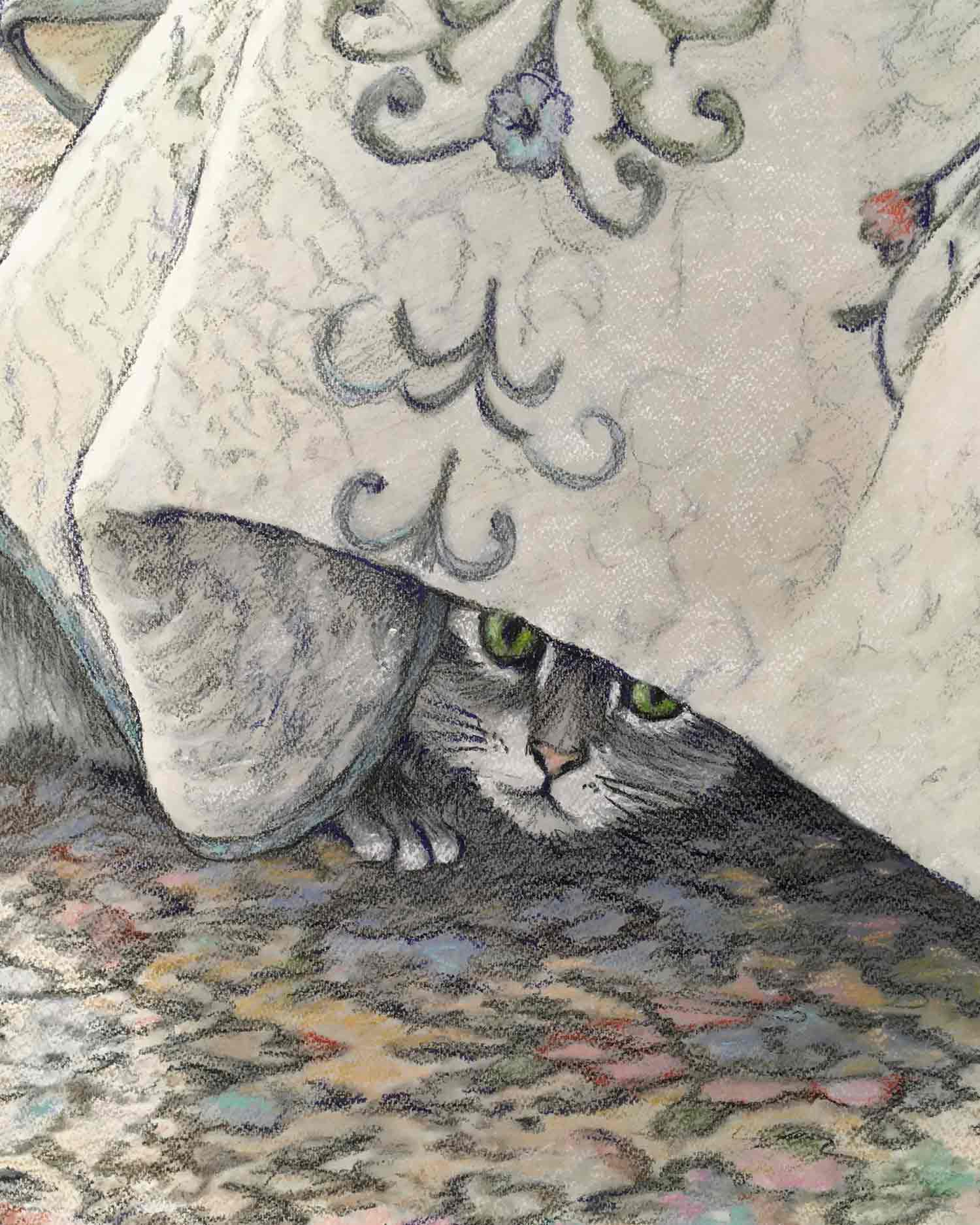  “Is it safe to come out now?” 20 x 16 inches, Pencil and pastels ©2020 Maria Sky, All Rights Reserved <p>Drawing of Milly the cat, hiding under the bed wondering when it will be safe to come out..</p>