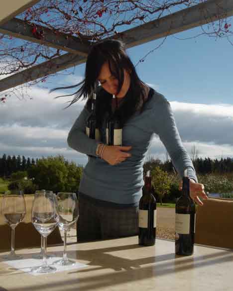  “Serving Wine in South Africa” people ©2007 Maria Sky, All Rights Reserved<br><p>My daughter and I visited South Africa in 2007. A gentle breeze was blowing the server's hair as she gathered her bottles of wine.