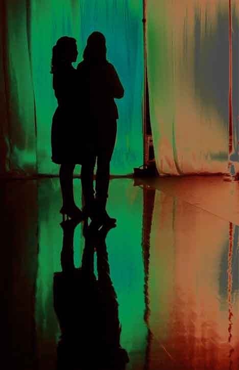  “Waiting in the Wings” people ©2014 Maria Sky, All Rights Reserved<br><p>A silhouette of two administrators against the colorful lights of a school dance.