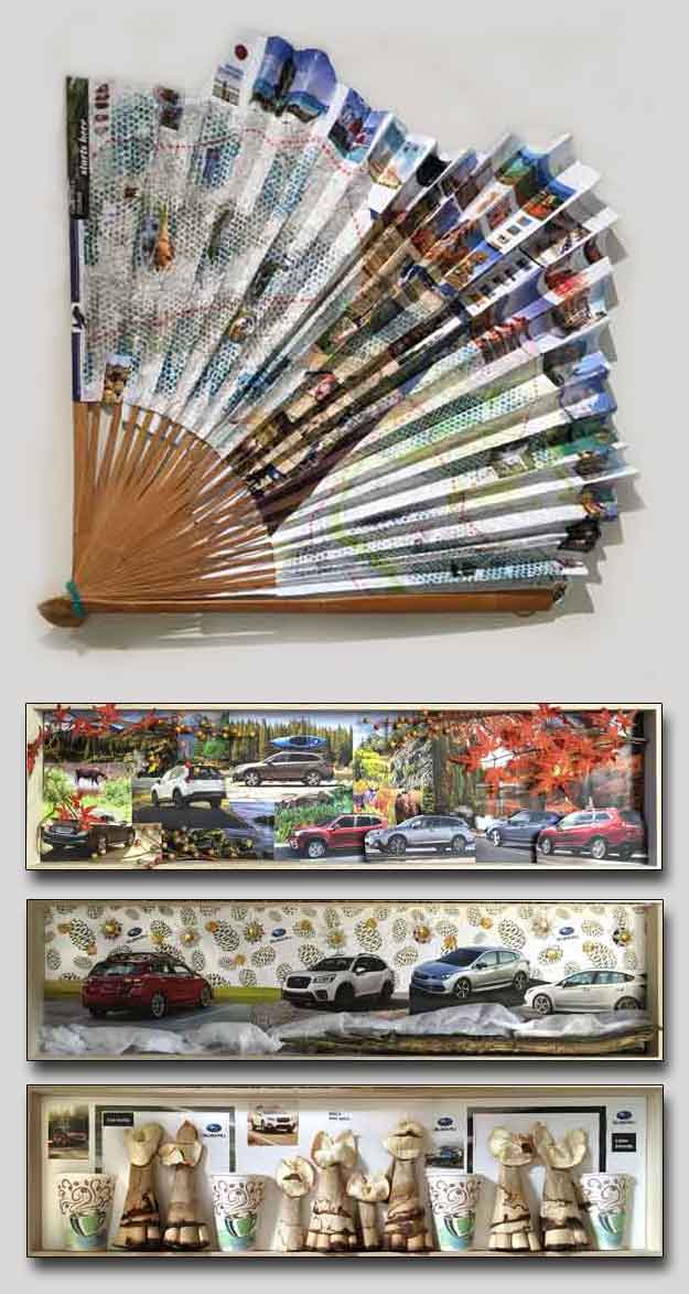 “The Journey Starts Here” 24x36 inches, mixed media - ©2019 Maria Sky, All Rights Reserved <p>Displayed: a large fan with a map and images with paths to various places to visit, assemblage of Subaru Cars in the fall, the other in the winter, and Coffee Cats which were placed above their customer coffee service area.</p>
<ul>
<li>Top Row: <em>The Journey Starts Here</em></li>
<li>Row 2:<em>Fall</em></li>
<li>Row 3:<em>Winter</em></li>
<li>Bottom Row: <em>Coffee Cats at Subaru</em></li>
</ul>