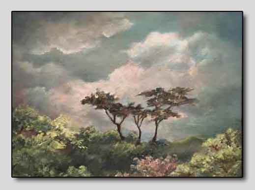 “Three Trees” 11 x 14 inches, oil - ©1972 Maria Sky, All Rights Reserved <p>A plein air painting while storm clouds were quickly appearing in the sky. Location was at College of Notre Dame, Belmont, California.</p>