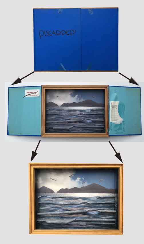 Discarded book covers, when opened shows the view of the ocean