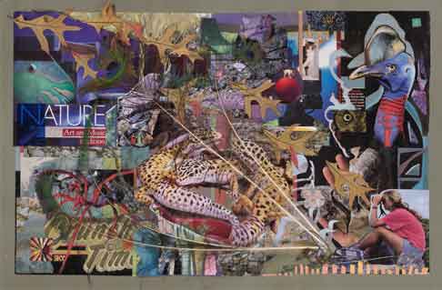 <em>“Mes“</em>  • 24x36 in. mixed media  ©2007 Maria Sky, All Rights Reserved <p>A collage of everything I love - This assemblage consists of leaves, feathers, lizards, fish, birds, dogs, cats, and other various creatures that I admire and are found in nature. Often we do not see all this beauty unless we look closely.</p>