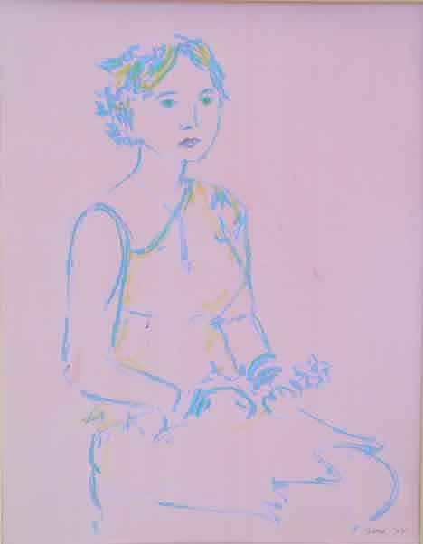  “Figure Study” 16 x 20 inches, oil pastels ©1995 All Rights Reserved <p>Sketch of a girl, drawn in blue oil pastels on pink paper, holding a small bouquet of flowers.</p>