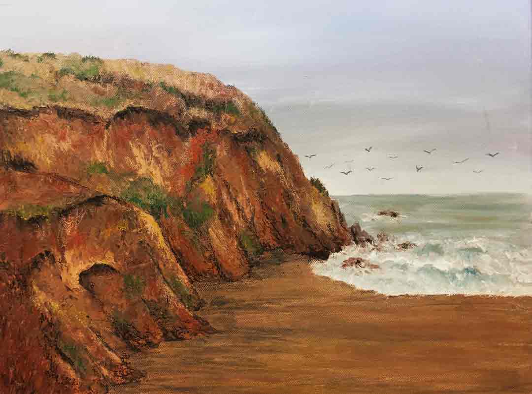  “Mori Point, Pacifica, California” 16 x 20 inches - Acrylic, oil pastels, pencil- ©2021 Maria Sky, All Rights Reserved <p>Plein Air Painting in the cool morning on the cliffs located at Mori Point, Pacifica, California.<p/>