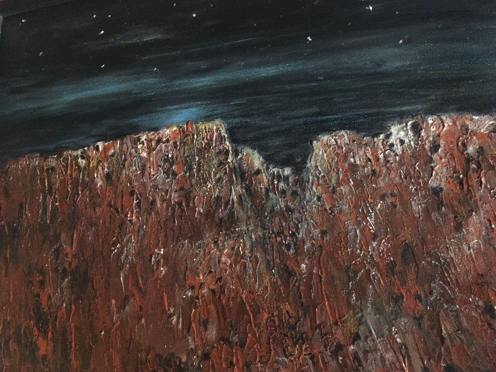  “Rugged mountains set against a night sky; 16x20 in., acrylic - ©2021 Maria Sky, All Rights Reserved  <p><em>Painting of a rugged mountain range set against a night sky</em><p>Hidden in the mountains are faces of various creatures . . . for example there is a bear in the upper right hand corner.</p>