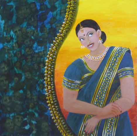  “Golden Rule - India” 16 x 16 inches, oil ©2000 All Rights Reserved <p>A painting of a beautiful rich Indian woman looking up towards the top right corner oblivious of the left side of the painting comprised tiny faces of all the poor people of India.</p>