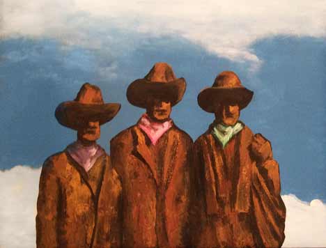  “Three Cowboys”16x20 in., acrylic - ©2018 Maria Sky, All Rights Reserved  <p><em>Steamboat Art Museum 2018 Plein Air Events & Exhibit, Steamboat Springs, Colorado, USA</em><p>Alongside the road there was a statue of three cowboys, each one had different colored bandanas tied around their necks. The sky was beautiful with fillowing clouds. I stopped to paint. As time passed the sun emphasized the details of the bronze sculpture. This painting was sold on opening night.</p>