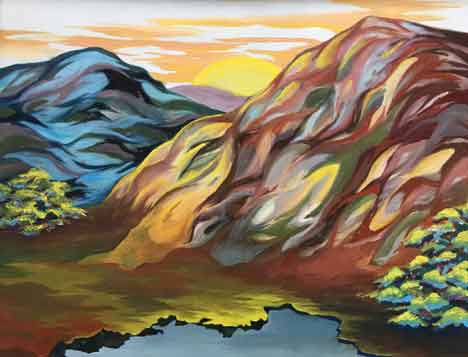  “Face Mountain” 16 x 20 inches, oil ©1995 All Rights Reserved <p>An abstract painting - closely you can see the side faces embedded pm the mountains . . . </p>