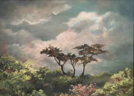  “Three Trees” 11 x 14 inches, oil ©1972 All Rights Reserved <p>Plein Air Painting - A storm was rapidly approaching when I was painting this scene at College of Notre Dame, Belmont, California.<p/>