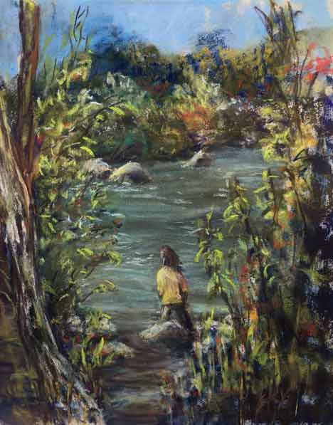  “Girl in Yellow Jacket” 11 x 14 inches, chalk pastels ©2019 All Rights Reserved <p>Plein Air pastel drawing, Steamboat Spring, Colorado. As I was drawing the river a young girl just happened to walk by and I quickly included her into the scene. An elderly couple bought the drawing to give to their grand-daughter for her birthday.<p/><p>Steamboat Museum Plein Air Event 2019</p>