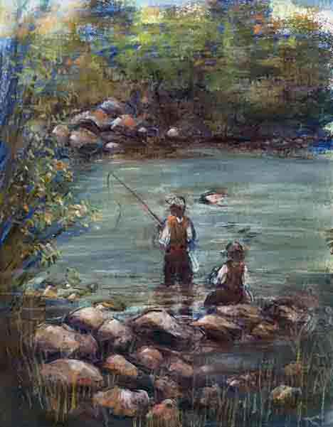  “Two Fishermen” 12 x 16 inches, chalk pastels ©2019 All Rights Reserved <p>Two fishermen fly fishing in the river located Steamboat, Colorado.<p/><p>Steamboat Museum Plein Air Event 2019</p>
