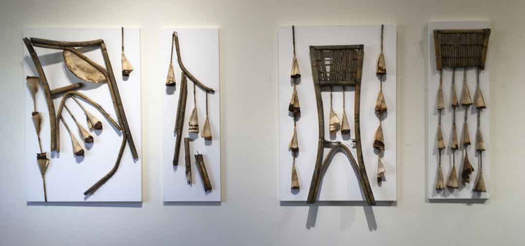 <strong><em>&ldquo;Bamboo Plant Stand - Repurposed&rdquo;</em></strong> • 24x36 in. mixed media  &copy;2020 Maria Sky, All Rights Reserved <p>An old bamboo plant stand repurposed into another artform.</p><p>Vargas Art Gallery, Mission College, Santa Clara, California, USA.</p> 