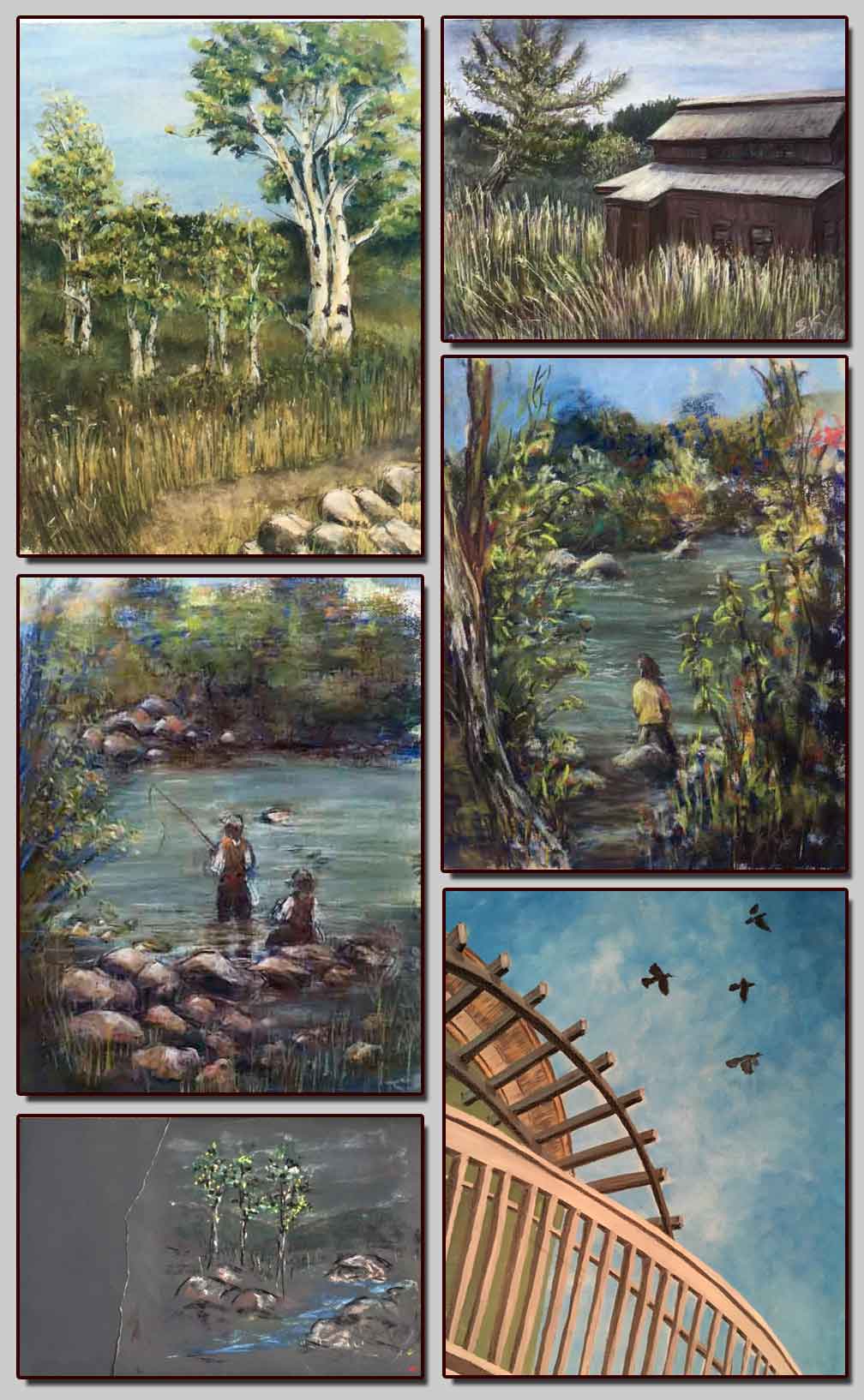 <em>&rdquo;The Girl in a Yellow Jacket&ldquo;</em>  • <em>&rdquo;Two Fishermen&ldquo;</em>  • <em>&rdquo;Red Barn&ldquo;</em>  • <em>&rdquo;Aspen Trees&ldquo;</em>  • <em>&rdquo;Little Stream&ldquo;</em>  • <em>&rdquo;Fly Over&ldquo;</em>  • chalk pastel  &copy;2019 Maria Sky, All Rights Reserved <p>A variety of scenes drawn during the 2019 Steamboat Plein Air Event.<p>Steamboat Springs Art Museum, Steamboat Springs, Colorado, USA</p>