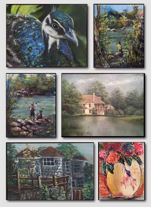 &ldquo;Display of Art&rdquo; Varied sizes and media - &copy;2019 & 2020 Maria Sky, All Rights Reserved  <p>Displayed at Russian Cultural Center Art Gallery, San Francisco, California </p>
<ul>
<li>Top Row: <em>Peacock</em>, <em>Girl in Yellow Jacket</em></li>
<li>Middle Row:<em>Two Fishermen</em>, <em>The Cottage</em></li>
<li>Bottom Row: <em>Stone House</em>, <em>Vase</em></li>
</ul> 