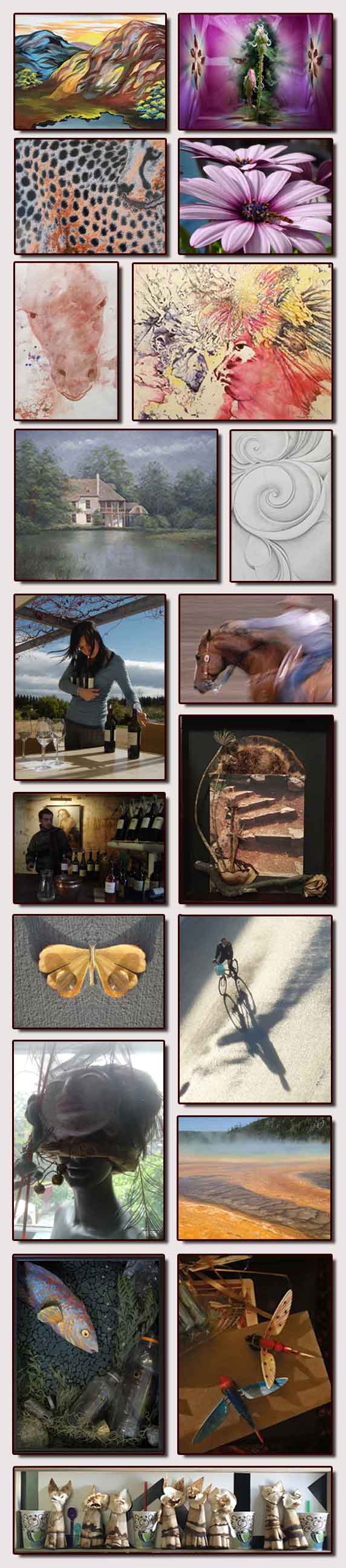 <b>&ldquo;San Mateo Fine Arts Show&ldquo;</b> • variety of work  &copy;2018 Maria Sky, All Rights Reserved <p>San Mateo, California, USA</p>
<ul>
<li><em>Face Mountain</em>, (Surrealism, oil) • 3rd Place</li>
<li><em>Two Roses</em> (special effects, computer generated)</li>
<li><em>Cheetah</em> (special effects, computer generated)</li>
<li><em>Copenhagen Flower an Bug</em> (photography - floral) </li>
<li><em>The Challenge</em>  (Surrealism, tempera paint, pastels sink print) • 2nd Place</li>
<li><em>American Indian</em> (Surrealism, tempera paint, pastels sink print) • 1st Place</li>
<li><em>Marie Antoinette's Cottage</em> aka <em>The Cottage</em> (landscape, oil) • 2nd Place</li>
<li><em>Swirls</em> (pencil) (Abstract, pencil) • Honorable Mention</li>
<li><em>Serving Wine</em> (photography - people)</li>
<li><em>Must Ride Fast</em> (animal, domestic) • 2rd Place</li>
<li><em>The Winery</em> (photography - people)</li>
<li><em>Steps to Moab</em> (mixed media collage)</li>
<li><em>I'm Really a Leaf</em> (special effects, computer generated)</li>
<li><em>Bicycle</em> (photography - urban landscapes)</li>
<li><em>Paperbag Hat</em> (photography - still life)</li>
<li><em>Yellowstone</em> (photography - landscape)</li>
<li><em>My New Unwanted Decor</em> aka <em>My New Home Environment</em> (assemblage) • Honorable Mention</li>
<li><em>Two Dragonflies</em> (photography - still life) • 3rd Place</li>
<li><em>Coffee Cats </em> (assemblage) </li>
</ul>