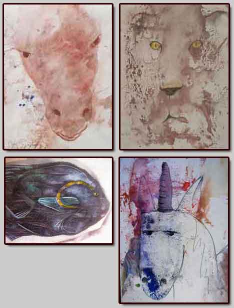 &ldquo;Sink Prints&rdquo;17 x 11 inches, Tempera paint and pastels &copy;2004 All Rights Reserved <p>Tempera paint and pastel drawings  • Sink Prints <em>Le Poisson AKA Catfish</em> • <em>The Challenge</em> • <em>Unicorn</em> • <em>The Docile King</em> aka <em>Le Grande Chat<p/>