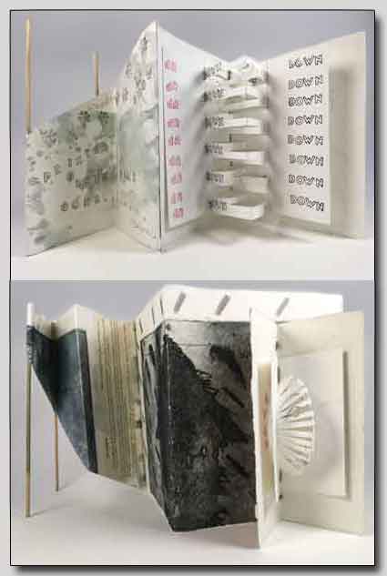 <em>&ldquo;Up Down Book&ldquo;</em> • mixed media  &copy;2014 Maria Sky, All Rights Reserved • Each book artist was provided with lino prints from the Santa Crus Printer's Art Guild. Books were then created out of those prints.<p>Bay Area Book Artists 2014, Santa Clara, Santa Cruz, CA</p>