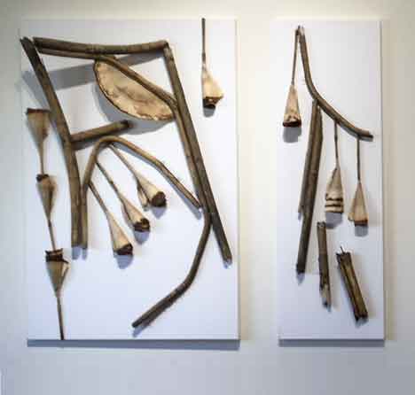  &ldquo;Old Plant Stand - Repurposed 1&rdquo; 24x36 inches, mixed media - &copy;2020 Maria Sky, All Rights Reserved <p>A bamboo plant stand, that was originally used to displace my artwork at the Kaleid Gallery, later was left outside. As the years passed, the plant stand aged and started to fall apart. It was then that it was reborn / repurposed into an art piece. It was hung at the Vargas Gallery for the <em>&ldquo;Bamboo and Haiku Show&rdquo;</em>, even had an interview by the local Santa Clara newspaper, but due to the Covid-19 virus outbreak, the opening and any viewing of the show had been cancelled and no newspaper article was published.</p>