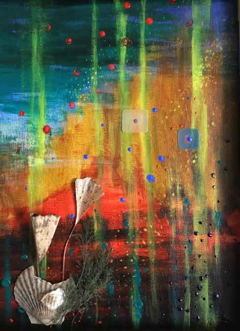  &ldquo;Just Fishing; 16x20x5 inches, mixed media - &copy;2020 Maria Sky, All Rights Reserved <p>A combination of a colorful background and seashell.