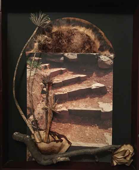 &ldquo;Steps to Moab&ldquo;  • 11 x 14 in. mixed media  &copy;2018 Maria Sky, All Rights Reserved, Burlingame, California, USA<p>An assemblage create from a photo of steps located at Moab National Park, coffee filters and dried wild fennel flower.</p>