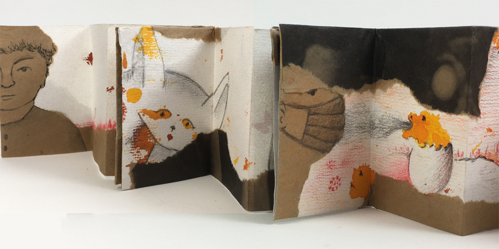  &ldquo;A fold out book with drawings pertaining to the year of covid - &copy;2021 Maria Sky, All Rights Reserved  <p><em>Inside is a drawing of a person, a startled creature with large ears, a person with a mask and a small dragon emerging from an egg. There is a burning fire along the mountain edge.</p>