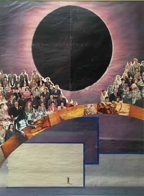 <em>&ldquo;The Circuses&ldquo;</em>  • 24x36 in. mixed media  &copy;1972 Maria Sky, All Rights Reserved <p>A large group of people stare at a tiny man standing alone in the middle of a circus ring.</p>