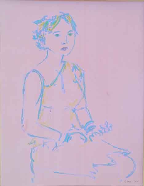  &ldquo;Figure Study&rdquo; 16 x 20 inches, oil pastels &copy;1995 All Rights Reserved <p>Sketch of a girl, drawn in blue oil pastels on pink paper, holding a small bouquet of flowers.</p>