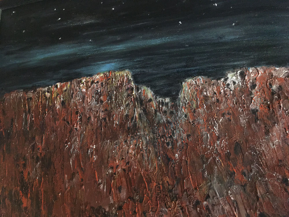  &ldquo;Rugged mountains set against a night sky; 16x20 in., acrylic - &copy;2021 Maria Sky, All Rights Reserved  <p><em>Painting of a rugged mountain range set against a night sky</em><p>Hidden in the mountains are faces of various creatures . . . for example there is a bear in the upper right hand corner.</p>