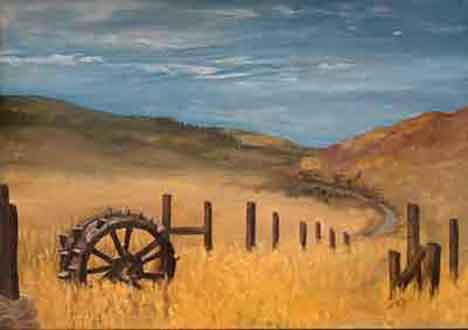  &ldquo;The Sentry&rdquo; 12x16 in., acrylic - &copy;2018 Maria Sky, All Rights Reserved  <p><em>Steamboat Art Museum 2018 Plein Air Events & Exhibit, Steamboat Springs, Colorado, USA</em><p>In a golden field, an old wheel stood alongside an old wooden fence. The field was aglow in the hot autumn sun. It was interesting to note that the first part of the fence by the old wheel spelled <em>&ldquo;HI&rdquo;</em>. As I was painting, a dog came up the driveway to see what I was doing.</em></p>