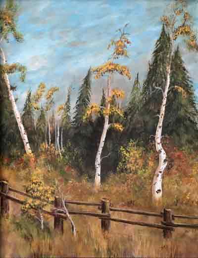  &ldquo;Three Aspens&rdquo; 11 x 14 inches, acrylic &copy;2018 Maria Sky - All Rights Reserved <p>Plein Air acrylic painting, Steamboat Spring, Colorado. We drove to a local ranch for our plein air painting. The brightly lit aspen trees glowed against the dark background. A old low fence separated the overgrown dried grass and trees from the road.<p/><p>Steamboat Museum Plein Air Event 2018</p>