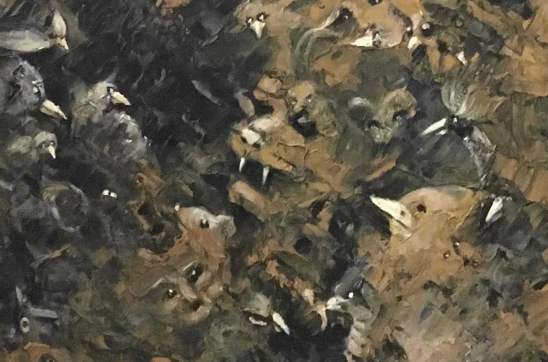  &ldquo;Storytime&rdquo;16x20 in., acrylic - &copy;2021 Maria Sky, All Rights Reserved  <p><em>Gather around: It's storytime</em><p>Birds, cats, dogs all gather around to listen to campfire stories.</p>