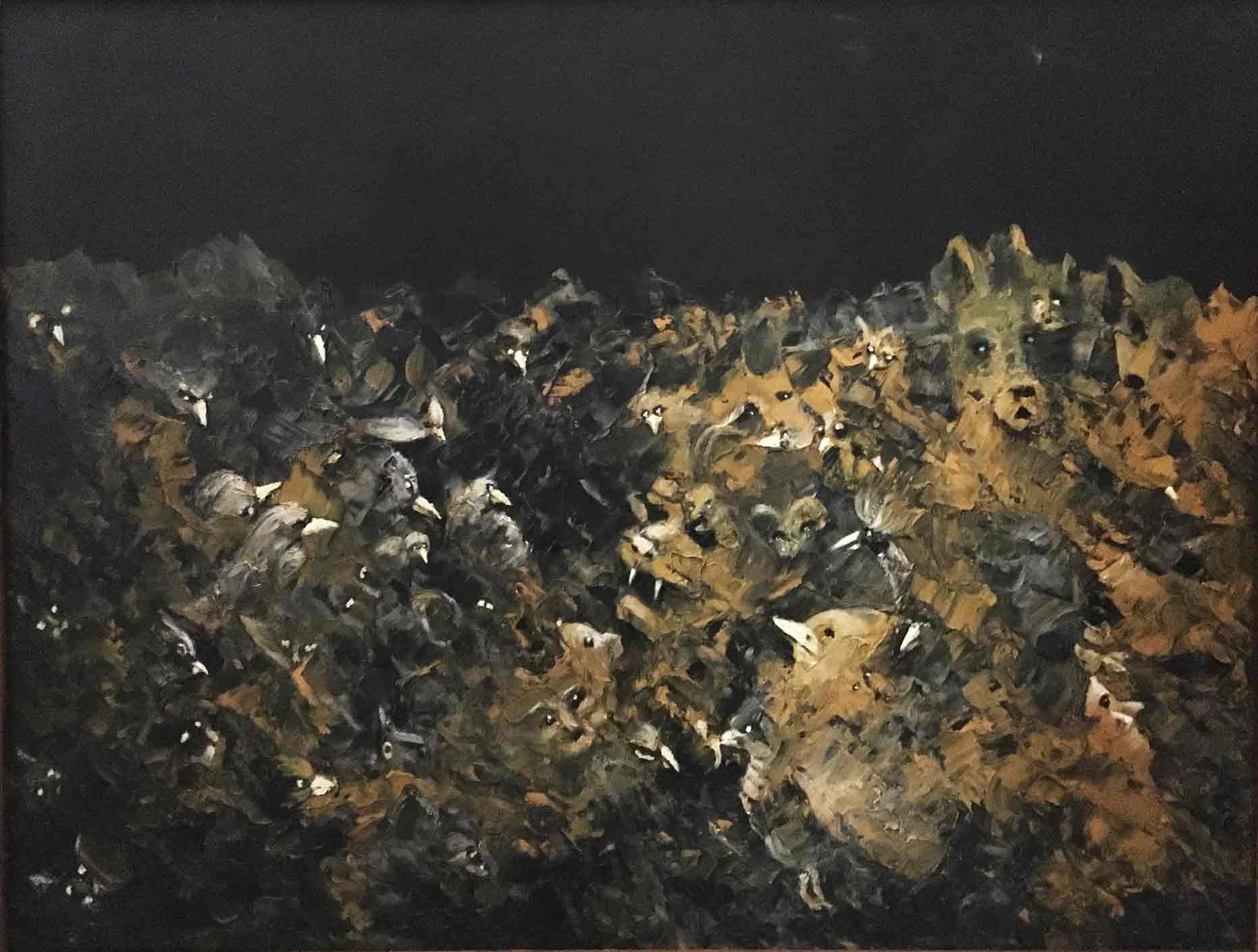  &ldquo;Storytime&rdquo;16x20 in., acrylic - &copy;2021 Maria Sky, All Rights Reserved  <p><em>Gather around: It's storytime</em><p>Birds, cats, dogs all gather around to listen to campfire stories.</p>