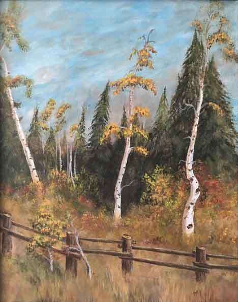  &ldquo;Serenity&rdquo;14x16 in., acrylic - &copy;2018 Maria Sky, All Rights Reserved  <p><em>Steamboat Art Museum 2018 Plein Air Events & Exhibit, Steamboat Springs, Colorado, USA</em></p><p>On this particular day, the plein air artist drove to a local ranch. There behind an old wooden fence, three aspen trees glow in the cloudy morning sun.</p>