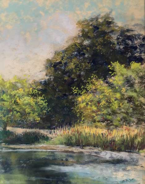  &ldquo;A peaceful view of a pond surrounded by cattails and trees&rdquo; 11 x 14 inches, chalk pastel &copy;2019 All Rights Reserved 