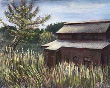  &ldquo;Red Barn&rdquo; 11 x 14 inches, chalk pastels &copy;2019 All Rights Reserved <p>Plein Air pastel drawing, Steamboat Spring, Colorado.<p/><p>Steamboat Museum Plein Air Event 2019</p>