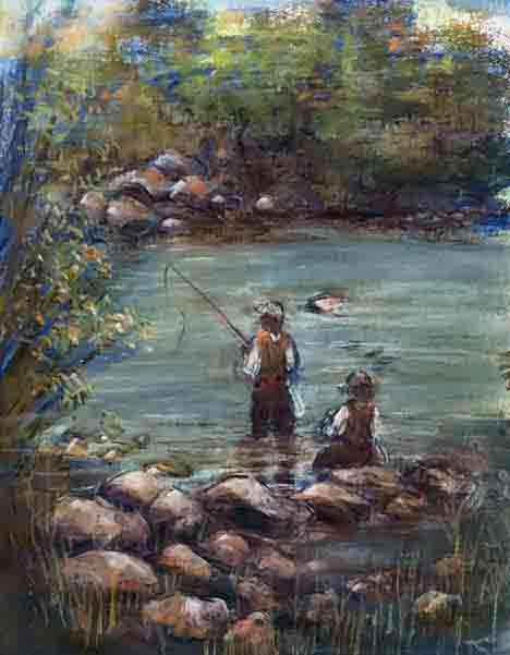 &ldquo;Two Fishermen&rdquo; 12 x 16 inches, chalk pastels &copy;2019 All Rights Reserved <p>Two fishermen fly fishing in the river located Steamboat, Colorado.<p/><p>Steamboat Museum Plein Air Event 2019</p>