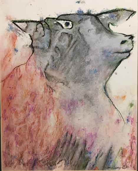  &ldquo;Bull&rdquo; - &copy;2022 Maria Sky, All Rights Reserved  <p><em>A lazer print taken of a sink print, made from left over paint, is viewed to see various images - such an image of a bull's head that is then enhanced with oil pastels</em><p>Sink print of image of a bull's head enhanced with oil pastels</p>