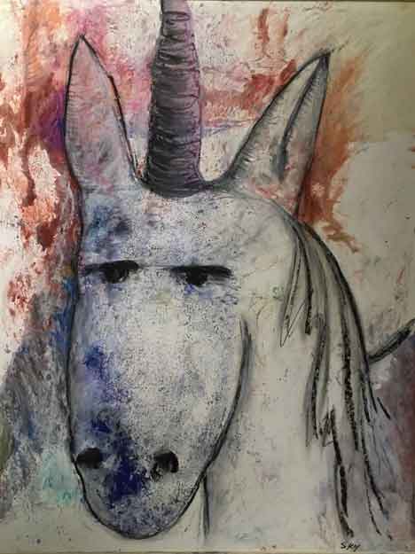  &ldquo;My Unicorn&rdquo; - &copy;2022 Maria Sky, All Rights Reserved  <p><em>A lazer print taken of a sink print, made from left over paint, is viewed to see various images - such an image of a unicorn's head that is then enhanced with oil pastels</em><p>Sink print of image of a univorn's head enhanced with oil pastels</p>