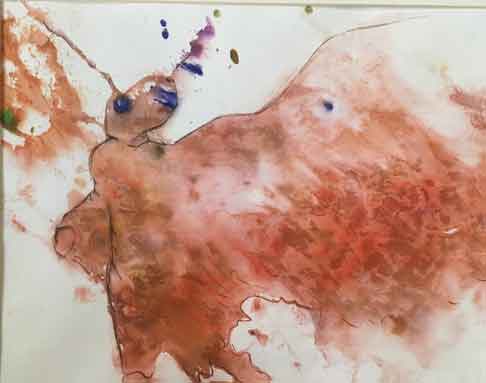  &ldquo;Dancing Bug&rdquo; 17 x 11 inches, Tempera paint and pastels &copy;2020 All Rights Reserved <p>Tempera paint and pastel drawing of a bug with one wing stretch out as he dances.<p/>