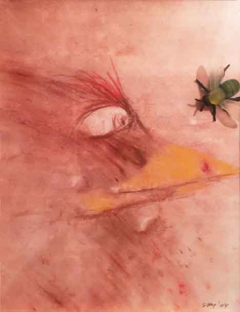  &ldquo;Bird and Bug&rdquo; 17 x 11 inches, Tempera paint and pastels &copy;2004 All Rights Reserved <p>Tempera paint and pastel drawing of bird looking at a bug<p/>