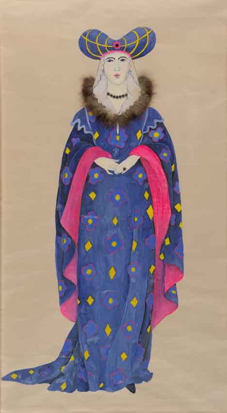  &ldquo;Renaissance Lady in Blue&rdquo; 16 x 30 inches, oil &copy;1972 All Rights Reserved <p>A gouche painting of a Renaissance woman dressed in a blue dress lined with brown fur.</p>